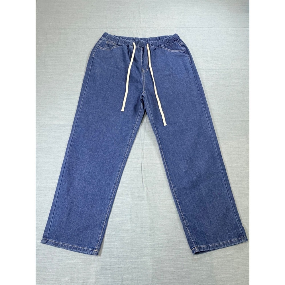 Original Design Womens Blue Denim Joggers Elastic Waist Drawstring Straight Leg